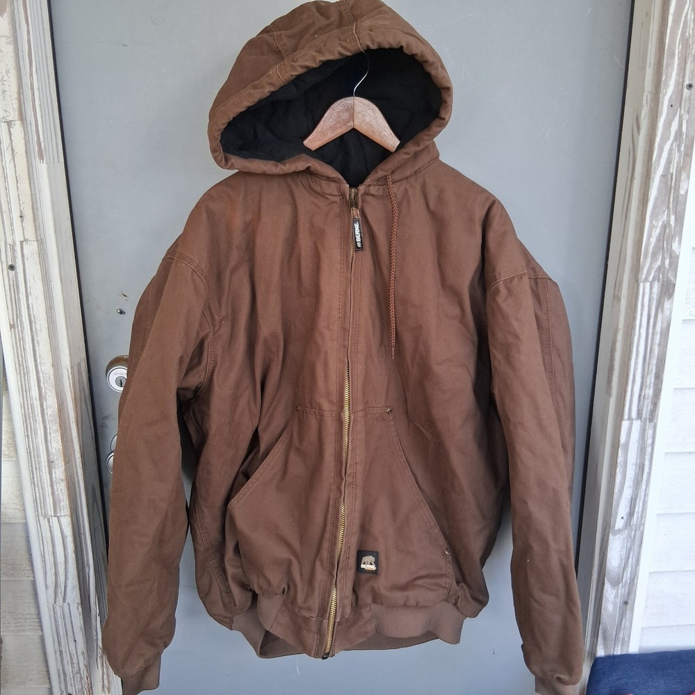 Berne Mens Brown Duck Canvas Hooded Work Jacket Quilted Thermal Lined Bomber